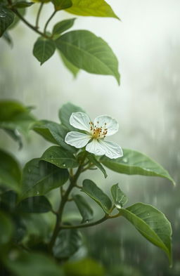 A serene and realistic depiction of a medlar flower amidst a misty and foggy backdrop in a rainy weather setting