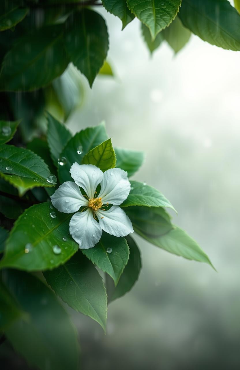 A serene and realistic depiction of a medlar flower amidst a misty and foggy backdrop in a rainy weather setting