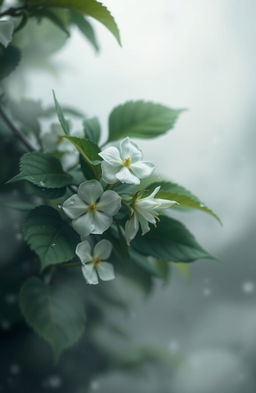 A serene and realistic depiction of a medlar flower amidst a misty and foggy backdrop in a rainy weather setting