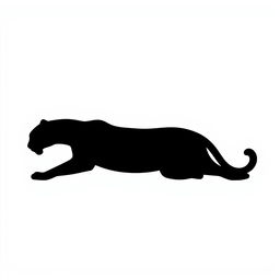 A silhouette of a lying jaguar, shown in full body profile, entirely in black against a plain white background