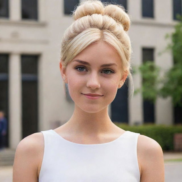 Chloe Bourgeois from Miraculous Ladybug standing in front of her school. She is dressed in an elegant white dress and her blonde hair is styled in a messy bun.