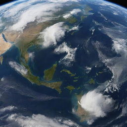 A detailed view of planet Earth from space, displaying vibrant continents, swirling blue oceans, and puffing white clouds