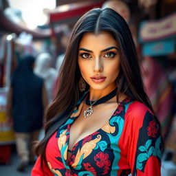 A gorgeous 25-year-old Yemeni woman dressed in stylish, sexy clothing that highlights her alluring figure