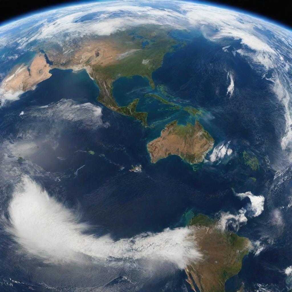 A detailed view of planet Earth from space, displaying vibrant continents, swirling blue oceans, and puffing white clouds