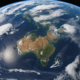 A detailed view of planet Earth from space, displaying vibrant continents, swirling blue oceans, and puffing white clouds