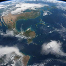 A detailed view of planet Earth from space, displaying vibrant continents, swirling blue oceans, and puffing white clouds