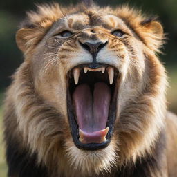 A crystal clear 8K image of a powerful lion mid-roar, its fangs glistening with droplets of saliva.