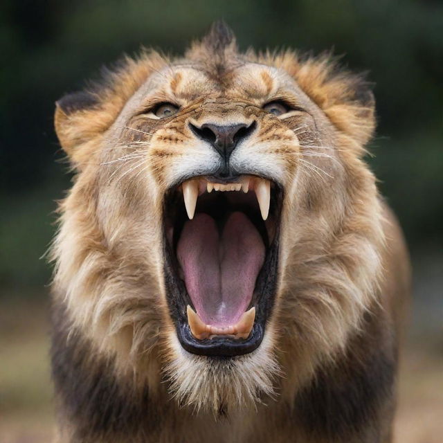 A crystal clear 8K image of a powerful lion mid-roar, its fangs glistening with droplets of saliva.