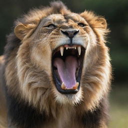 A crystal clear 8K image of a powerful lion mid-roar, its fangs glistening with droplets of saliva.