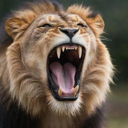 A crystal clear 8K image of a powerful lion mid-roar, its fangs glistening with droplets of saliva.