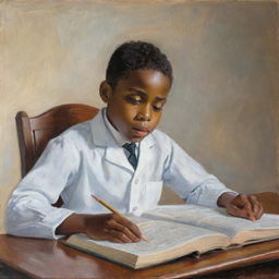 In the style of Claude Monet, an African American boy in white attire, sitting at a desk, engrossed in a book learning new words. The impressionistic surroundings emphasize the tranquil energy of discovery and intellectual growth.