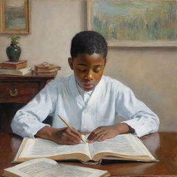 In the style of Claude Monet, an African American boy in white attire, sitting at a desk, engrossed in a book learning new words. The impressionistic surroundings emphasize the tranquil energy of discovery and intellectual growth.