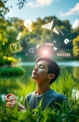 A conceptual visualization of the phrase 'mind equals to success,' featuring a calm and focused individual meditating in a beautiful nature setting