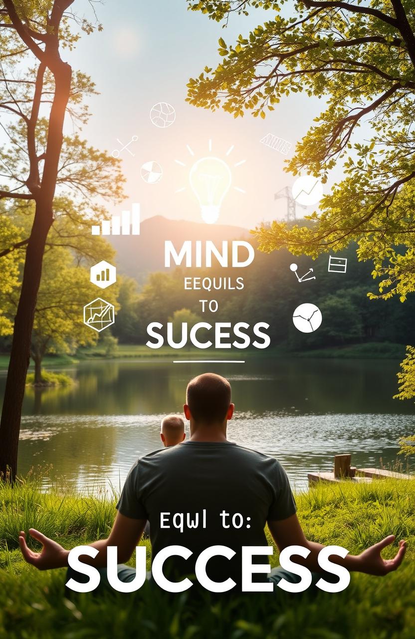 A conceptual visualization of the phrase 'mind equals to success,' featuring a calm and focused individual meditating in a beautiful nature setting