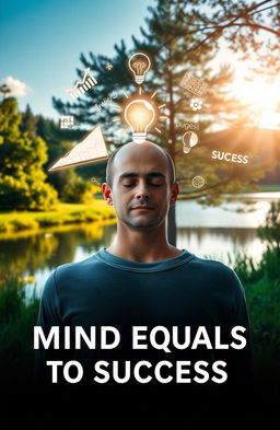 A conceptual visualization of the phrase 'mind equals to success,' featuring a calm and focused individual meditating in a beautiful nature setting