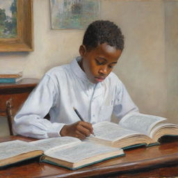 In the style of Claude Monet, an African American boy in white attire, sitting at a desk, engrossed in a book learning new words. The impressionistic surroundings emphasize the tranquil energy of discovery and intellectual growth.