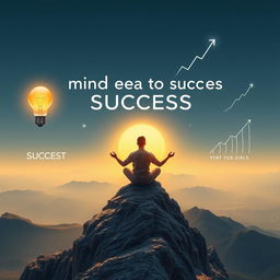 A conceptual visualization of the phrase 'mind equals to success,' illustrating a serene figure meditating atop a mountain overlooking a vast landscape