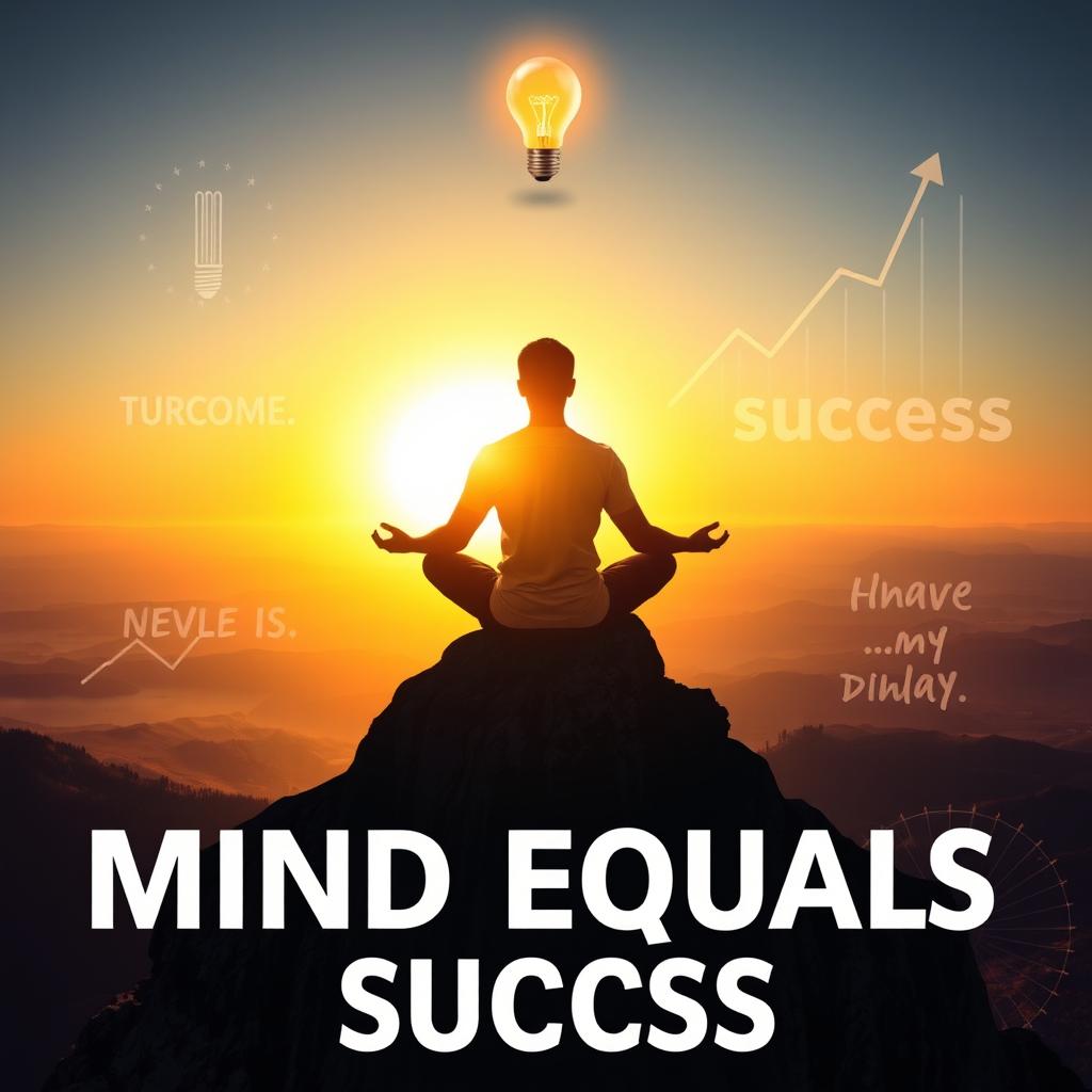 A conceptual visualization of the phrase 'mind equals to success,' illustrating a serene figure meditating atop a mountain overlooking a vast landscape