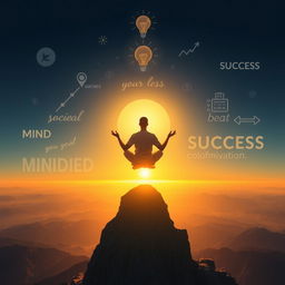 A conceptual visualization of the phrase 'mind equals to success,' illustrating a serene figure meditating atop a mountain overlooking a vast landscape