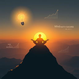 A conceptual visualization of the phrase 'mind equals to success,' illustrating a serene figure meditating atop a mountain overlooking a vast landscape