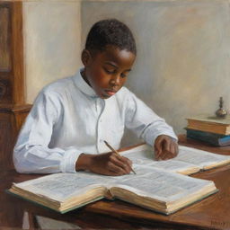 In the style of Claude Monet, an African American boy in white attire, sitting at a desk, engrossed in a book learning new words. The impressionistic surroundings emphasize the tranquil energy of discovery and intellectual growth.