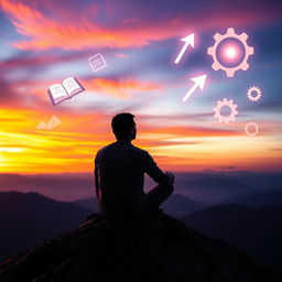 A striking visualization of the concept 'mind equals to success,' featuring a thoughtful individual sitting cross-legged on a mountaintop at sunset