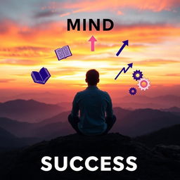 A striking visualization of the concept 'mind equals to success,' featuring a thoughtful individual sitting cross-legged on a mountaintop at sunset