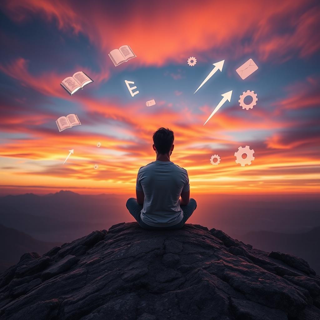 A striking visualization of the concept 'mind equals to success,' featuring a thoughtful individual sitting cross-legged on a mountaintop at sunset