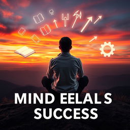 A striking visualization of the concept 'mind equals to success,' featuring a thoughtful individual sitting cross-legged on a mountaintop at sunset