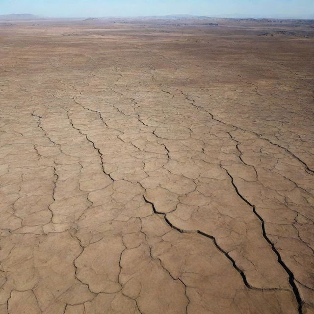 A depiction of Earth after 30 days of drought, with parched lands, dried up rivers, and the absence of green foliage