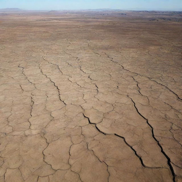 A depiction of Earth after 30 days of drought, with parched lands, dried up rivers, and the absence of green foliage