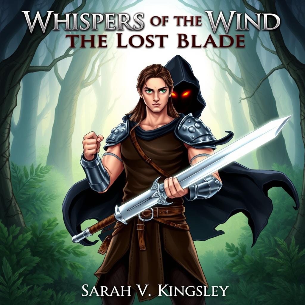 An ebook cover featuring a warrior named Aric standing proudly in a mystical forest, holding a glowing silver sword with both hands