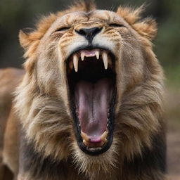 An intense 8K ultra HD image of a fierce lion roaring with its mouth wide open, showing slimy saliva dripping from its sharp teeth, capturing a chillingly scary moment.