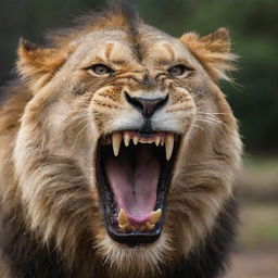 An intense 8K ultra HD image of a fierce lion roaring with its mouth wide open, showing slimy saliva dripping from its sharp teeth, capturing a chillingly scary moment.