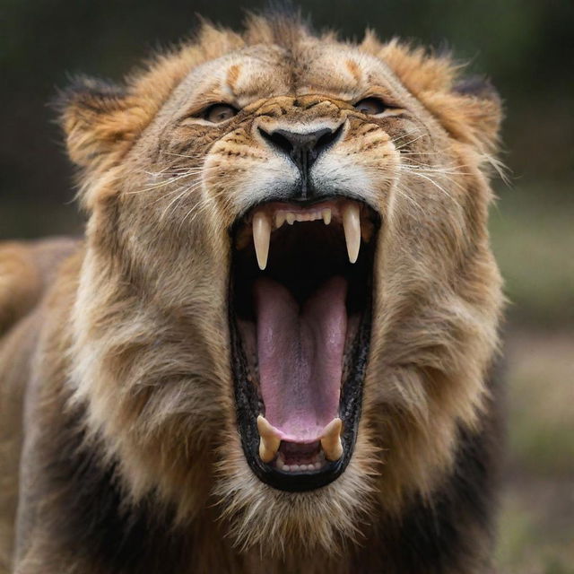 An intense 8K ultra HD image of a fierce lion roaring with its mouth wide open, showing slimy saliva dripping from its sharp teeth, capturing a chillingly scary moment.