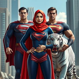 A female superhero, resembling Superman, wearing a vibrant red hijab and having fair skin