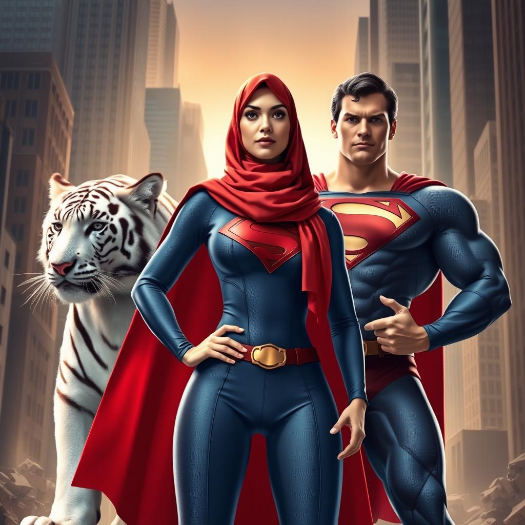 A female superhero, resembling Superman, wearing a vibrant red hijab and having fair skin