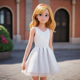 Transform Chloe Bourgeois. She's standing in front of her school wearing a simple, yet elegant white dress. But now, her golden hair falls freely, styled as in the animated series Miraculous Ladybug.