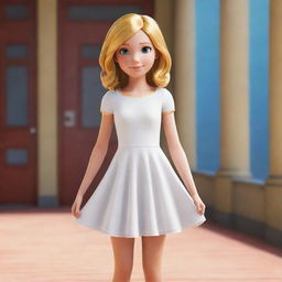 Transform Chloe Bourgeois. She's standing in front of her school wearing a simple, yet elegant white dress. But now, her golden hair falls freely, styled as in the animated series Miraculous Ladybug.