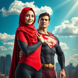 A female superhero resembling Superman, wearing a bright red hijab, with fair skin