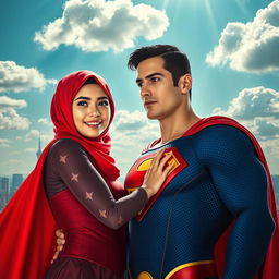 A female superhero resembling Superman, wearing a bright red hijab, with fair skin