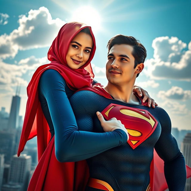 A female superhero resembling Superman, wearing a bright red hijab, with fair skin