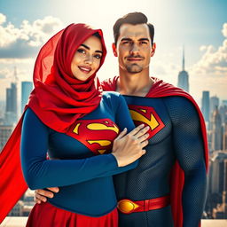 A female superhero resembling Superman, wearing a bright red hijab, with fair skin