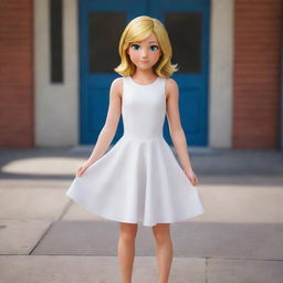 Transform Chloe Bourgeois. She's standing in front of her school wearing a simple, yet elegant white dress. But now, her golden hair falls freely, styled as in the animated series Miraculous Ladybug.