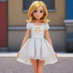 Transform Chloe Bourgeois. She's standing in front of her school wearing a simple, yet elegant white dress. But now, her golden hair falls freely, styled as in the animated series Miraculous Ladybug.