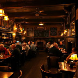 A cozy, dimly lit pub interior filled with rustic wooden furniture, warm light from vintage lamps, patrons enjoying drinks and laughter