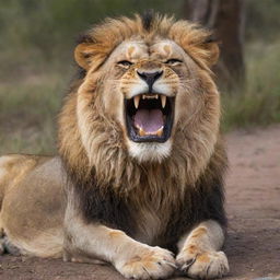 A scouting 8K resolution image of a lion lazily lounging, yet roaring relentlessly with saliva dripping from its sharp teeth, creating a sense of chilling unease.