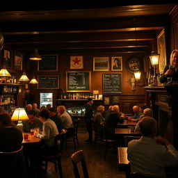 A cozy, dimly lit pub interior filled with rustic wooden furniture, warm light from vintage lamps, patrons enjoying drinks and laughter