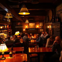 A cozy, dimly lit pub interior filled with rustic wooden furniture, warm light from vintage lamps, patrons enjoying drinks and laughter