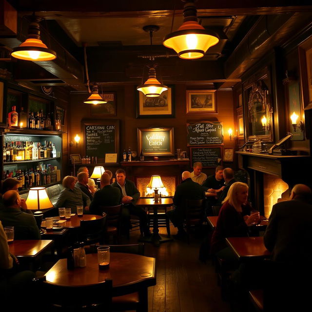 A cozy, dimly lit pub interior filled with rustic wooden furniture, warm light from vintage lamps, patrons enjoying drinks and laughter